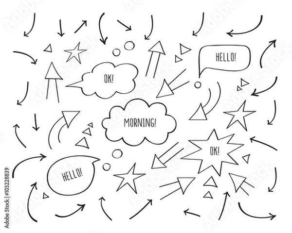 Fototapeta Set of different arrows and speech bubbles. Hand drawing elements. Doodles, sketch for your design. Black and white. Vector.