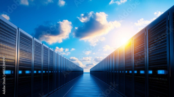 Fototapeta A row of battery storage units basking in the sunlight, their sleek designs standing against a wide blue sky, capturing the essence of clean energy and environmental stewardship.