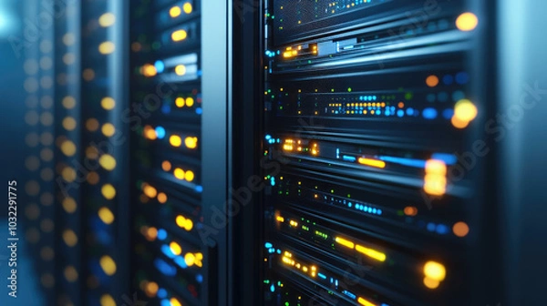 Fototapeta Sleek Server Room with Glowing Hardware Against Minimalist Background for Tech Depiction