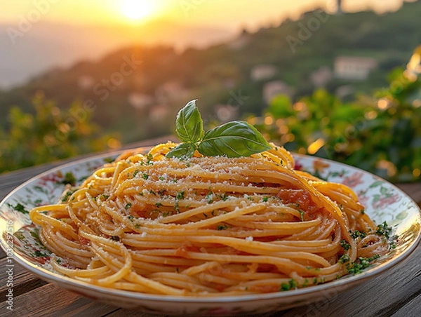 Fototapeta Classic tomato basil spaghetti, served in a vintage, floral porcelain plate, with grated pecorino cheese, on a rustic wooden table, with a Mediterranean sunset in the background.