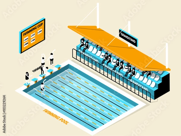 Fototapeta beautiful isometric design of swimming pool, grandstand, swimmer and score board,swimming pool isometric design