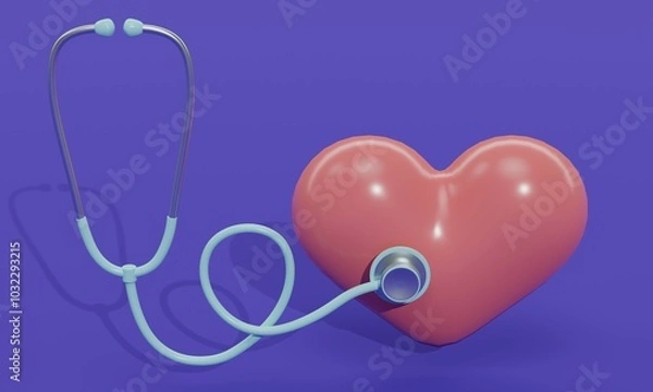 Fototapeta Blue stethoscope listening to heart on lilac background. 3d rendering 