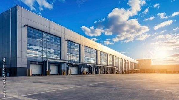 Fototapeta Modern warehouse building with large glass windows and loading docks under a bright blue sky with white clouds.