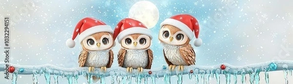Fototapeta Owls in Santa hats, perched on icicles with a Christmas moonlit sky, cute cartoon 3D illustration