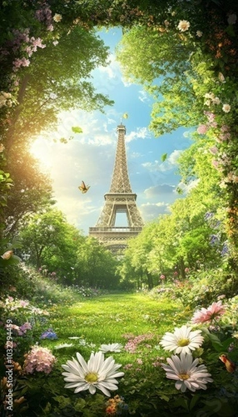 Fototapeta Eiffel Tower Framed by Lush Greenery, Flowers in Bloom, a Scenic Spring View of Paris