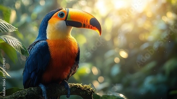 Fototapeta Vibrant Toucan Perched on Branch in Lush Rainforest