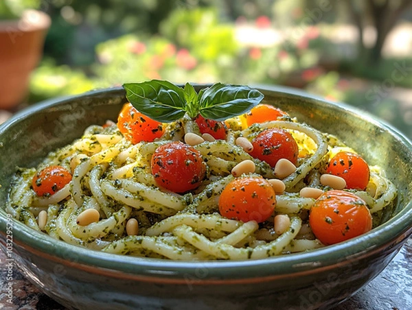 Fototapeta Pesto linguine with cherry tomatoes and pine nuts in a deep olive-green ceramic bowl, with a bright garden scene in the background.