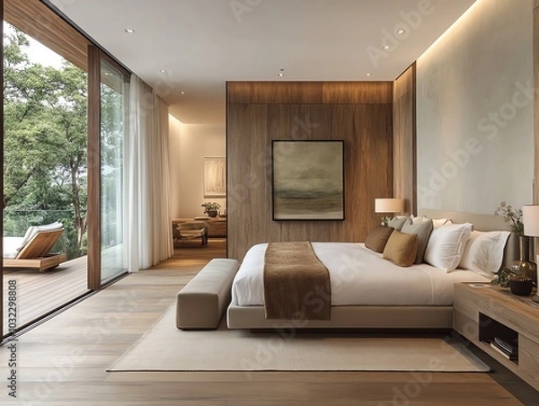 Fototapeta Modern bedroom with large windows, wooden floor, and a view of a patio.