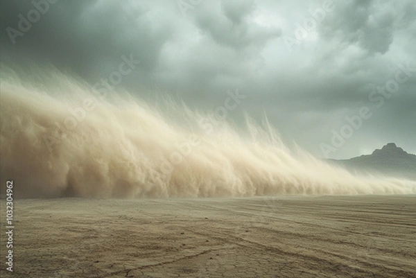 Fototapeta Massive dust storm sweeps across arid landscape under cloudy skies