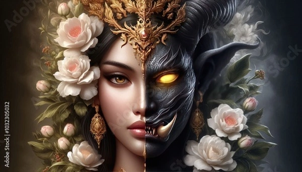 Obraz A captivating duality-themed depiction of a goddess, her face split into two contrasting halves. On the left side, she is shown with a serene, flawless face adorned with a golden crown and surrounded 