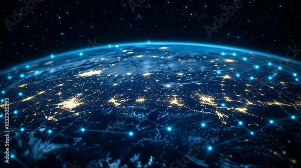 Fototapeta Night planet earth from space with light lines of communication and connection. Business and finance, concept. Global communications system and the World Wide Web. Technologies and communications.