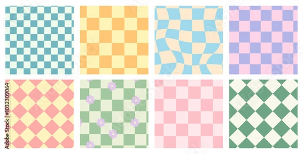 Obraz Distorted checkered seamless patterns set. Psychedelic retro backgrounds 60s 70s style. Vector seamless pattern