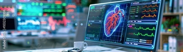 Obraz Digital Heart Monitor Display, Medical Lab, Data Analysis, Health Diagnostics, Cardiovascular Study, Monitors, Technology