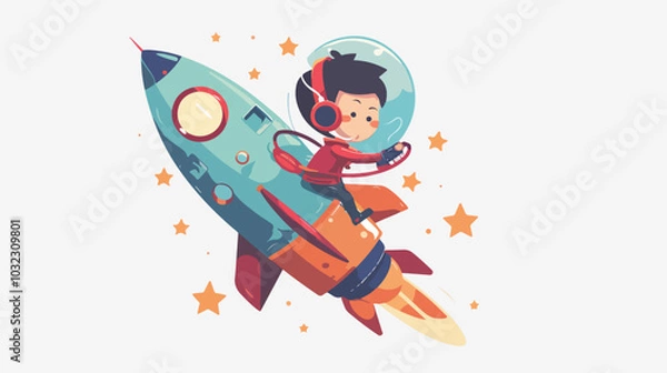 Obraz Kid with Headphones on Rocket - Flat Vector Illustration