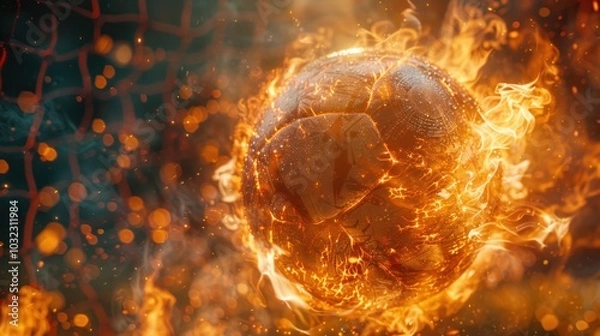 Fototapeta A flaming soccer ball hitting the net in an action-packed scene, symbolizing energy, power, and scoring success during a high-stakes match.