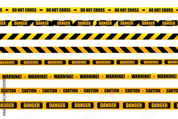 Fototapeta Yellow “Do Not Cross,” “Caution,” “Danger,” and “Warning” tape overlapping in multiple lines, used to mark hazardous or restricted areas.