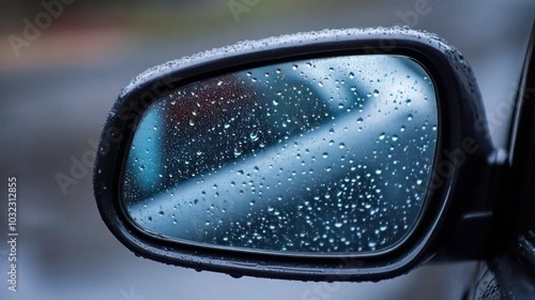 Fototapeta A close-up shot of a car's side mirror covered in raindrops.