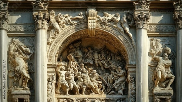 Obraz Roman arch with detailed carvings of war scenes soft sunlight highlighting intricate reliefs