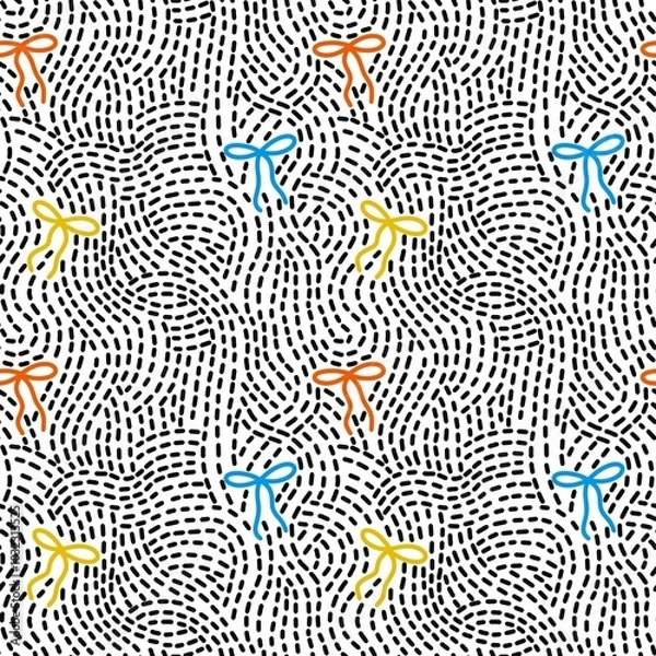 Obraz Seamless black dash line and bows on white background. dashed lines. seamless pattern background. Texture for textile, paper, wrapping, bedding, blankets.