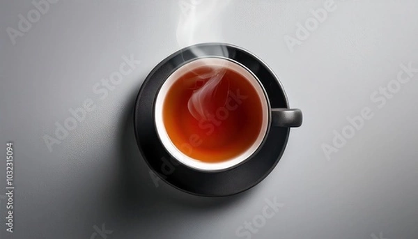 Obraz Top View of a Steaming Mug of Freshly Brewed Black Tea Against a Minimalist Gray Backdrop. Capturing the Essence of Warmth, Comfort, and Simplicity for Blogs, Wellness, Cafe Menus, Lifestyle Content