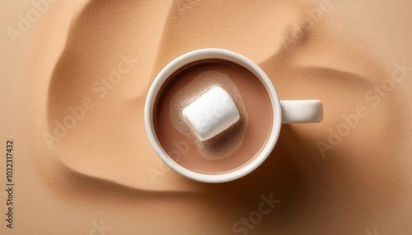 Fototapeta Top View of a Creamy Hot Chocolate in a Beige Mug with a Floating Marshmallow on a Soft Beige Background for Concepts of Warmth, Comfort, Winter Treats, Relaxation, or Holiday Beverage Promotion