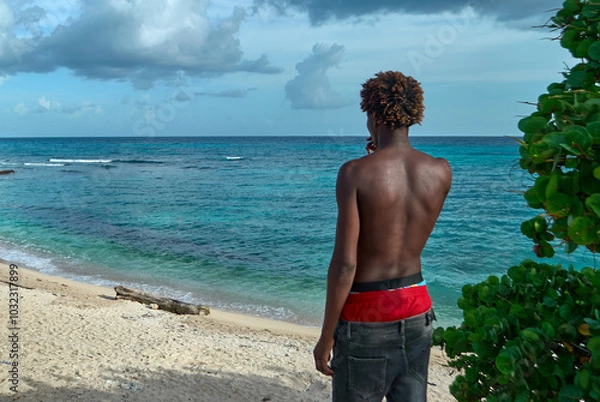 Fototapeta view of a man standing on a beach