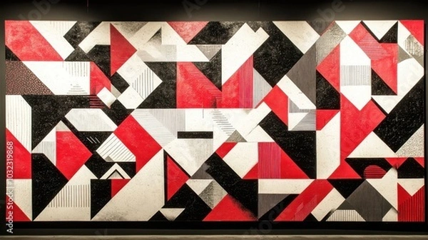 Fototapeta Complex geometric mural in bold colors overlapping squares and triangles in red black and white
