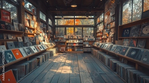 Obraz Vintage Record Shop Interior with Wooden Shelves and Soft Lighting
