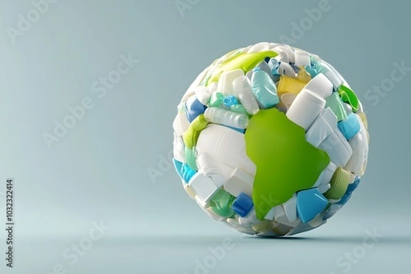 Fototapeta A sphere made of different types and sizes of plastic waste, with some blue in the center. White background