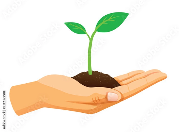 Obraz Hand is gently holding rich soil with a young plant sprouting