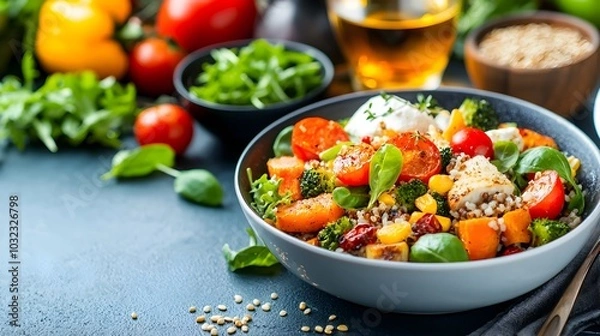 Fototapeta Mouthwatering Vegetarian Dish Featuring Roasted Root Vegetables Hearty Grains and a Crisp Flavorful Salad   A Nourishing and Satisfying Meal Showcasing the Vibrant Flavors of Fresh Seasonal Produce