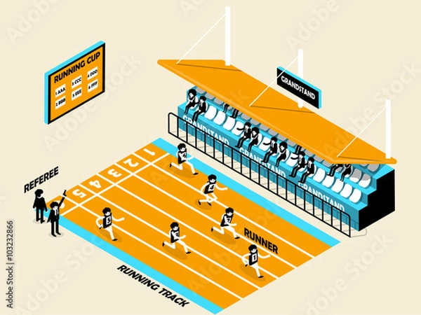 Fototapeta beautiful isometric design of athletics, running track, grandstand, runner and referee, athletics isometric design