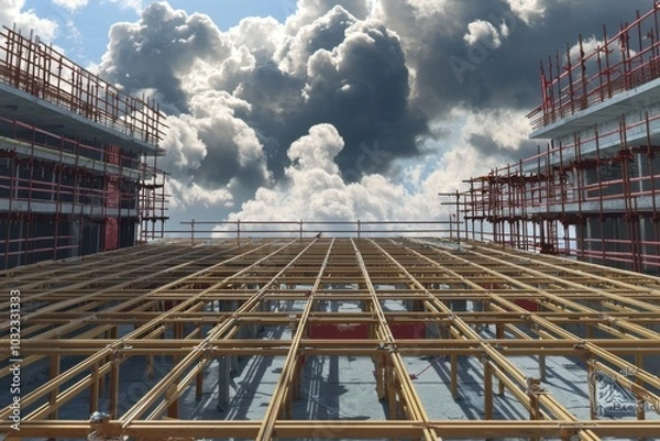 Fototapeta A construction site with scaffolding and a wooden framework under a cloudy sky.