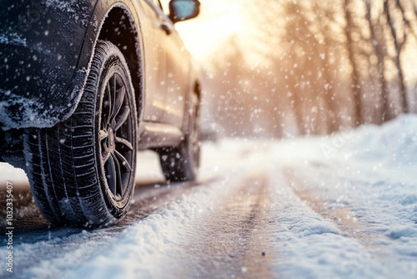 Fototapeta Car on a winter road with snow, close-up of car wheels in motion