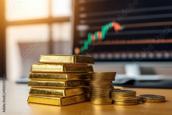 Fototapeta A portfolio with gold bars and coins, showing the benefits of investing in precious metals