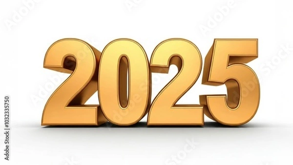 Fototapeta Die goldene Jahreszahl 2025 steht auf einem schlichten weißen Hintergrund und wirkt elegant und minimalistisch, ohne zusätzliche dekorative Elemente. Generative KI.