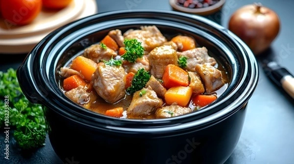 Fototapeta Savory slow cooked chicken and vegetable stew simmered to perfection in a warming bowl ready to serve as a hearty comforting meal