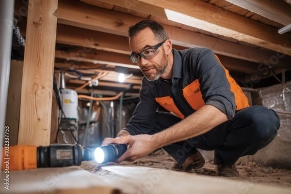 Fototapeta A home inspection process, with an inspector checking for termites inside wooden beams, using a flashlight in a dimly lit basement