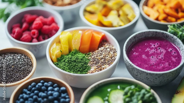 Obraz A colorful assortment of superfoods such as acai bowls, spirulina smoothies, and hemp seeds, beautifully arranged on a bright kitchen island