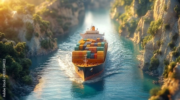 Obraz A large cargo ship travels through a narrow channel between cliffs, with colorful containers stacked on its deck.