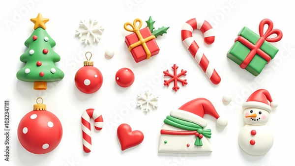 Fototapeta Set of groovy 3d colorful stickers,christmas tree, ball, gifts, candy cane, snowman, christmas hat, snowflake