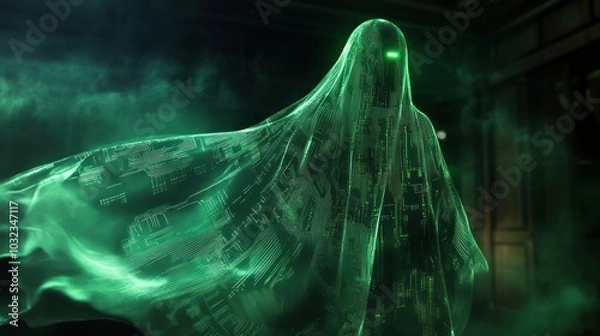 Fototapeta Ethereal digital ghost with glowing green aura