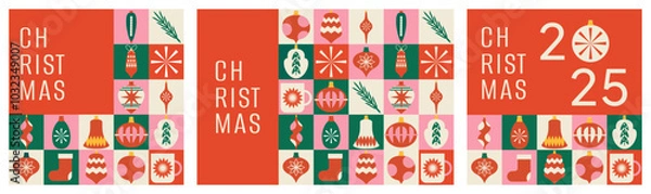 Fototapeta Set of modern trendy banners. Christmas and New Year. Mosaic. Neo geometric. Wrapping paper. Hand drawn. Doodle. Elements, shapes and frames. Flat. Xmas covers. Backgrounds. Vintage style.  Squares. 