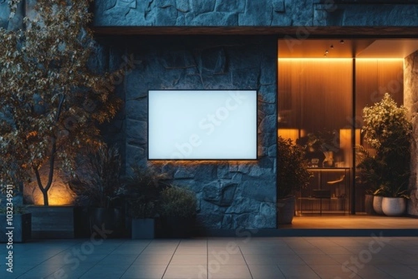 Fototapeta Blank Sign Mockup on Stone Building with Warm Lighting at Night