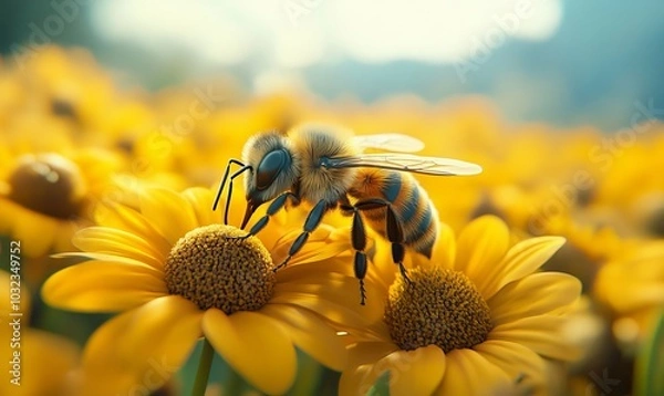Fototapeta Bees pollinate food crops cute 3d anime style. bee sunflower, Generative AI