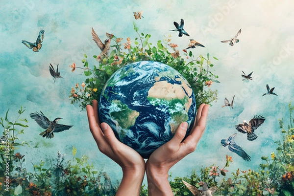 Fototapeta Hands holding Earth surrounded by nature, birds, and greenery, symbolizing conservation, environment, sustainability, and harmony, perfect for themes of Earth care and global unity
