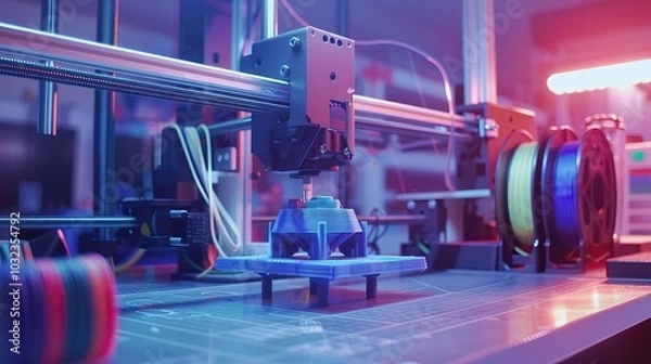 Obraz High-Tech 3D Printer in Action with Colorful Filament Rolls in a Modern Workshop Setting