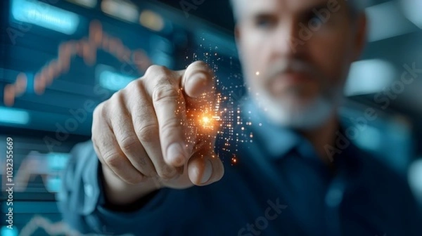 Fototapeta Holographic projection of a dynamic futuristic exchange trading floor within a modern financial firm featuring sleek digital displays innovative architecture and a blur of traders in motion