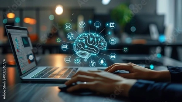 Fototapeta Hands typing on a laptop with a digital brain and icons representing artificial intelligence in the background.