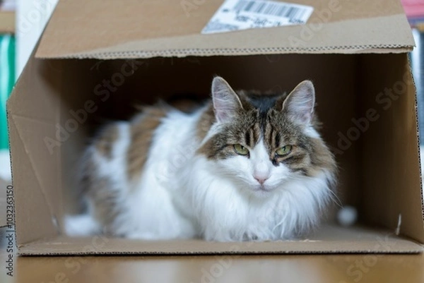 Fototapeta Fluffy cat relaxing inside a cardboard box at home